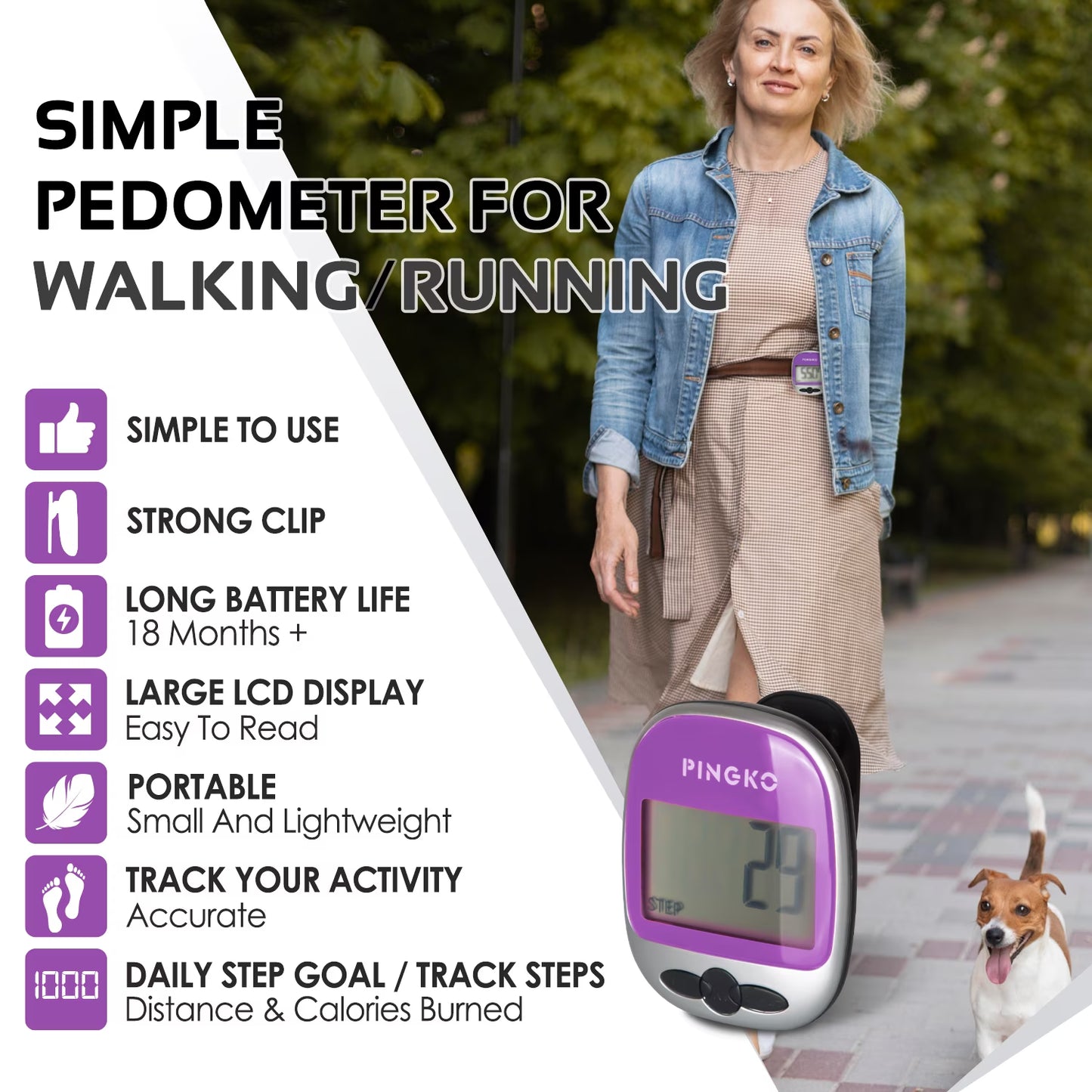 Best Pedometer for Walking Accurately Track Steps Multi-Function Portable Sport Pedometer Step/Distance/Calories Counter Fitness Tracker - Purple
