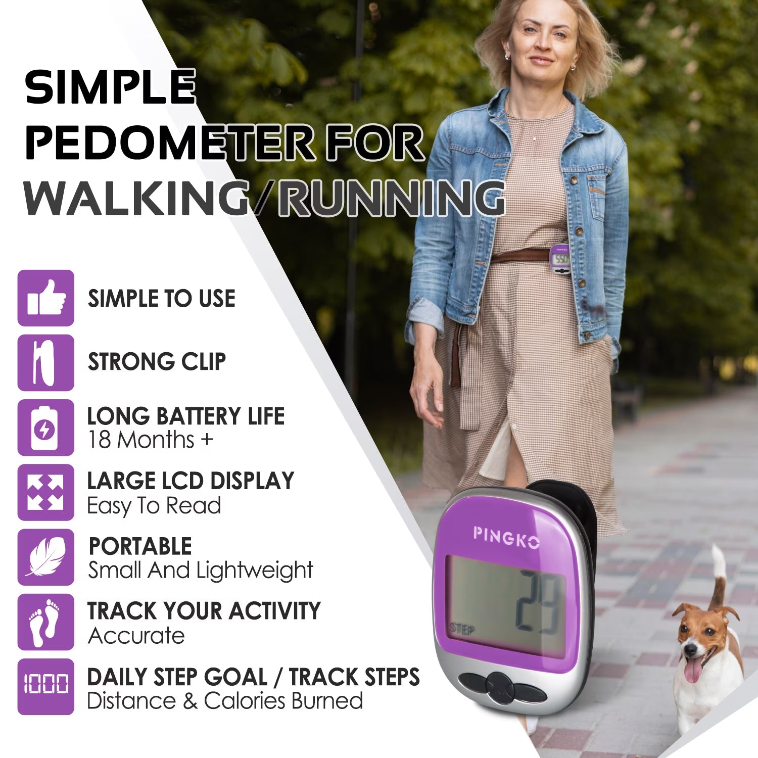 Best Pedometer for Walking Accurately Track Steps Multi-Function Portable Sport Pedometer Step/Distance/Calories Counter Fitness Tracker - Purple