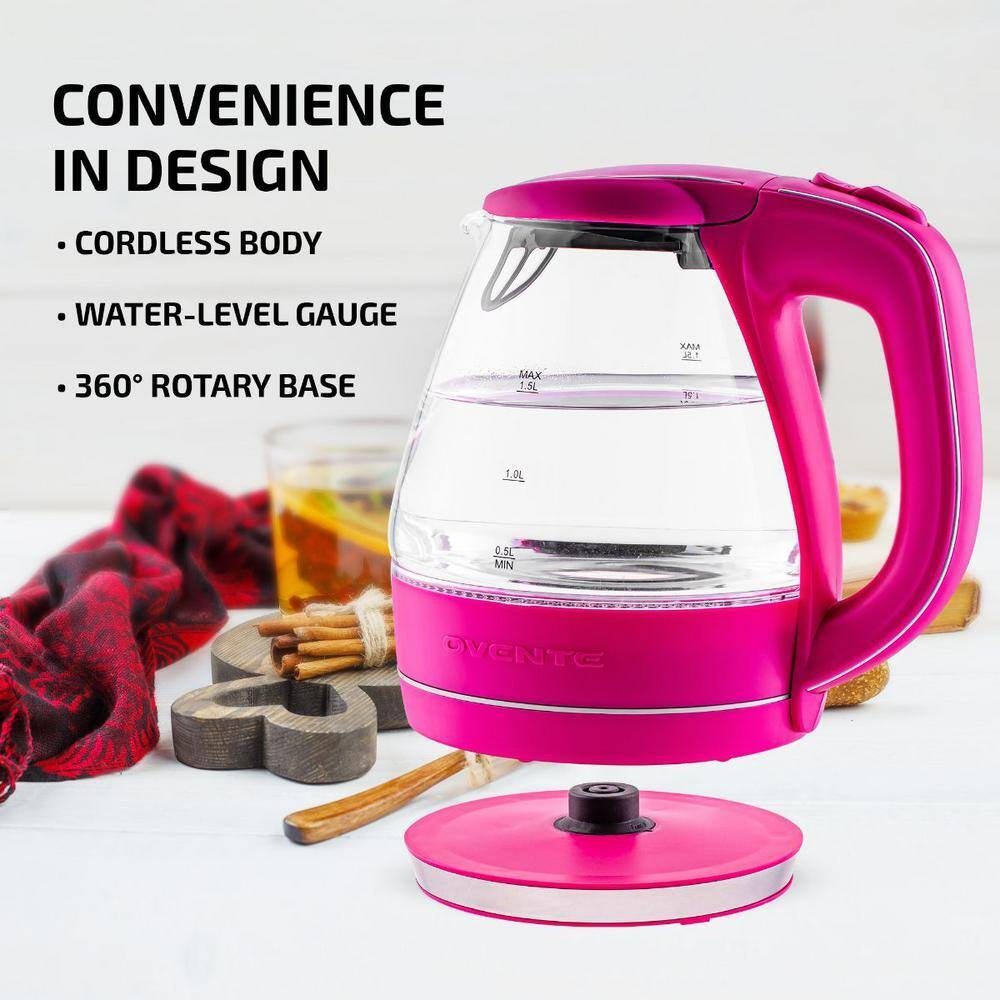 Illuminated 6.5-Cup Fuschia Electric Kettle with Filter, Fast Heating and Auto-Shut Off