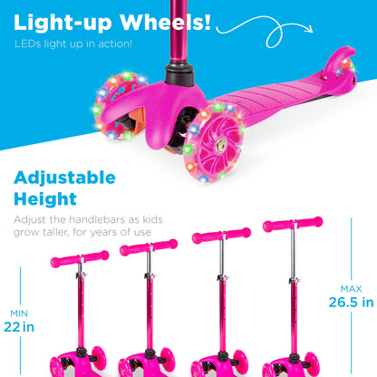 Kids Mini Kick Scooter Toy W/ Light-Up Wheels and Height Adjustable T-Bar - Pink