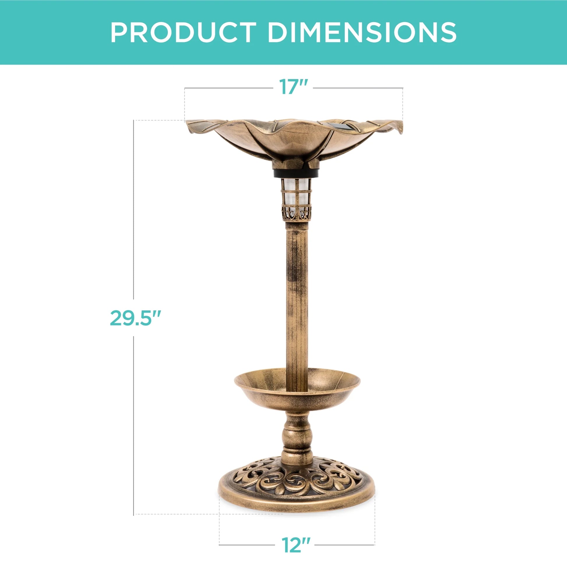 Solar Lighted Pedestal Bird Bath W/ Planter, Integrated Panel - Bronze