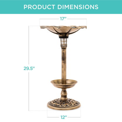 Solar Lighted Pedestal Bird Bath W/ Planter, Integrated Panel - Bronze
