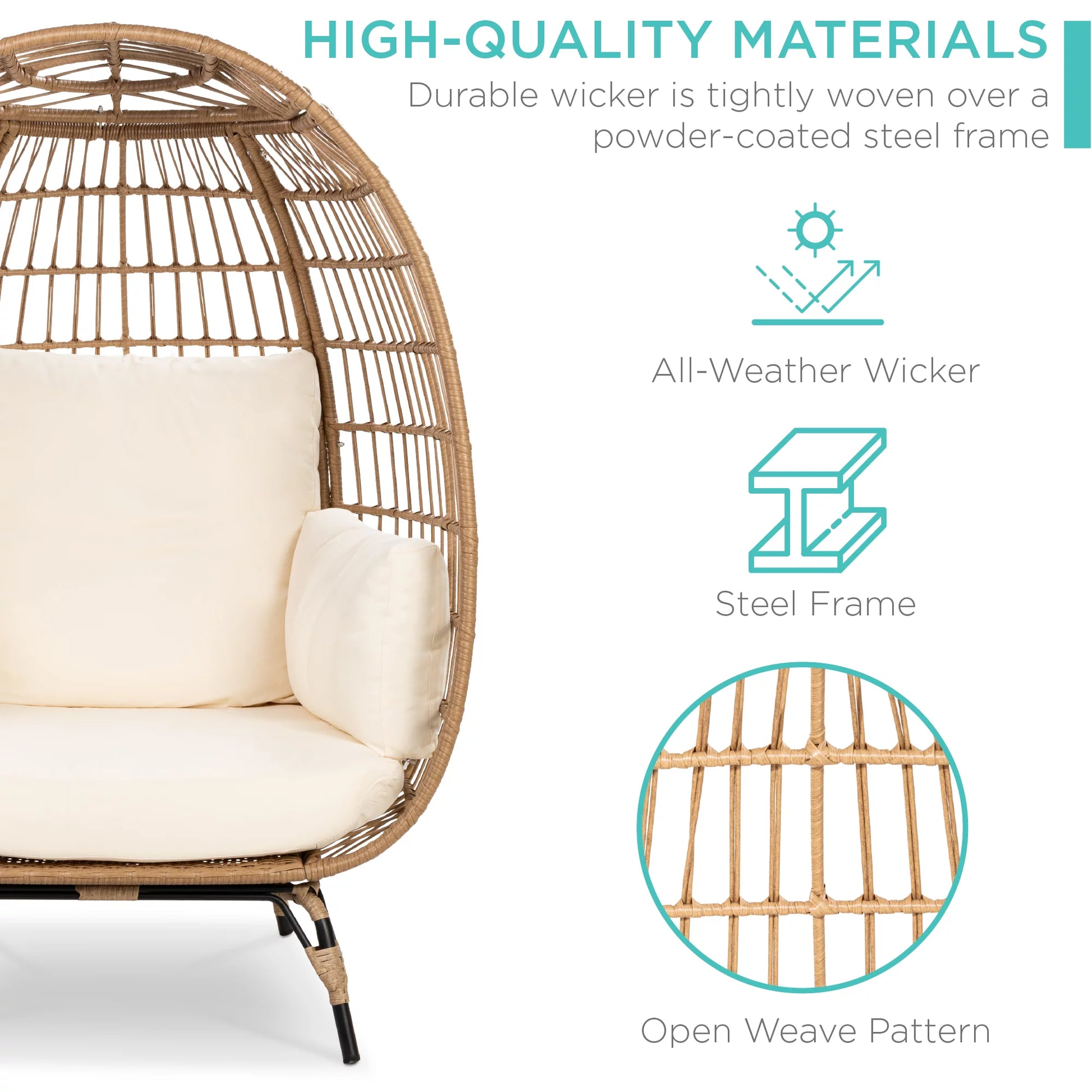 Wicker Egg Chair Oversized Indoor Outdoor Patio Lounger W/ Steel Frame - Ivory