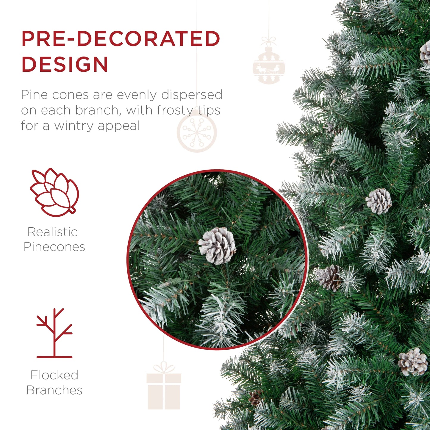 12Ft Pre-Decorated Holiday Christmas Pine Tree W/4,188 Branch Tips, Partially Flocked, Base Green