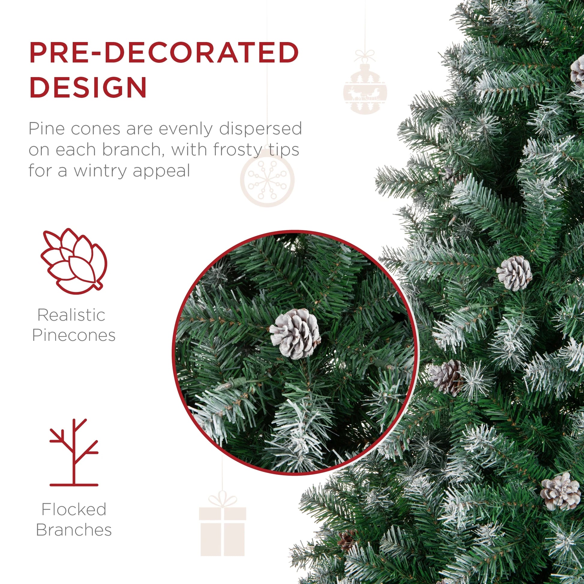 12Ft Pre-Decorated Holiday Christmas Pine Tree W/4,188 Branch Tips, Partially Flocked, Base Green