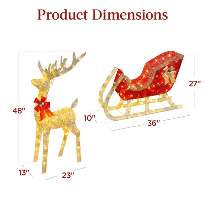 Lighted Christmas 4Ft Reindeer & Sleigh Holiday Outdoor Decor Set W/205 LED Lights, Stakes - Gold