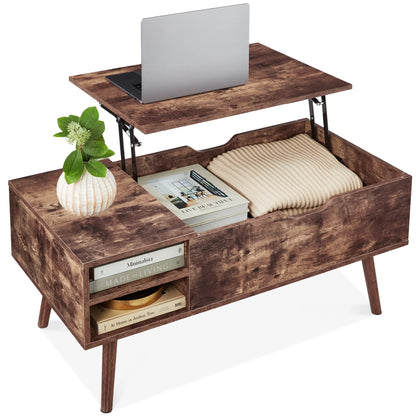 Wooden Mid-Century Modern Lift Top Coffee Table W/ Hidden Storage, Removable Shelf - Brown