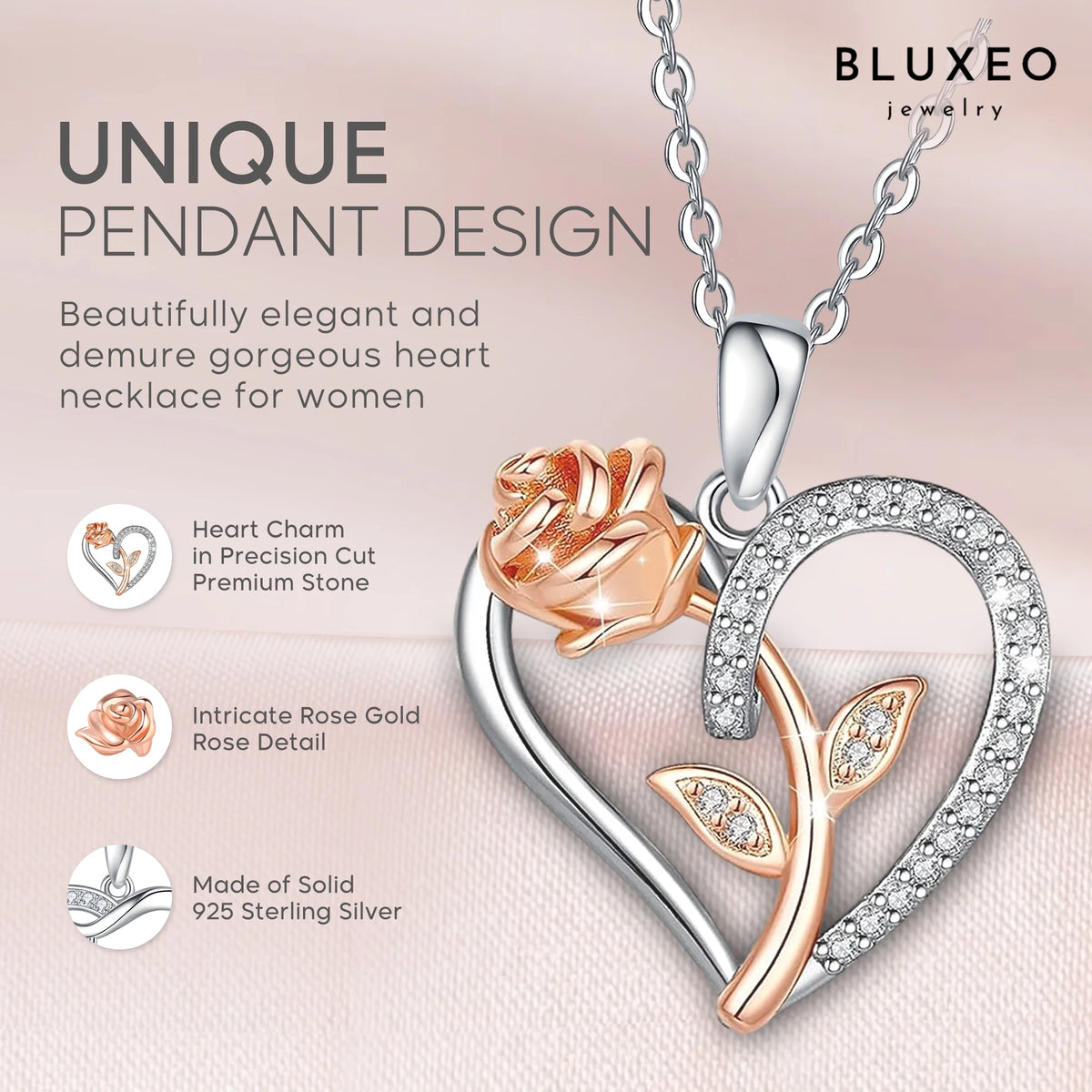 Sterling Silver Necklace for Women Mom Gift for Wife from Husband Valentines Day Girlfriend Rose Heart Necklace for Girlfriend Birthday Gifts Mother Daughter Pendant