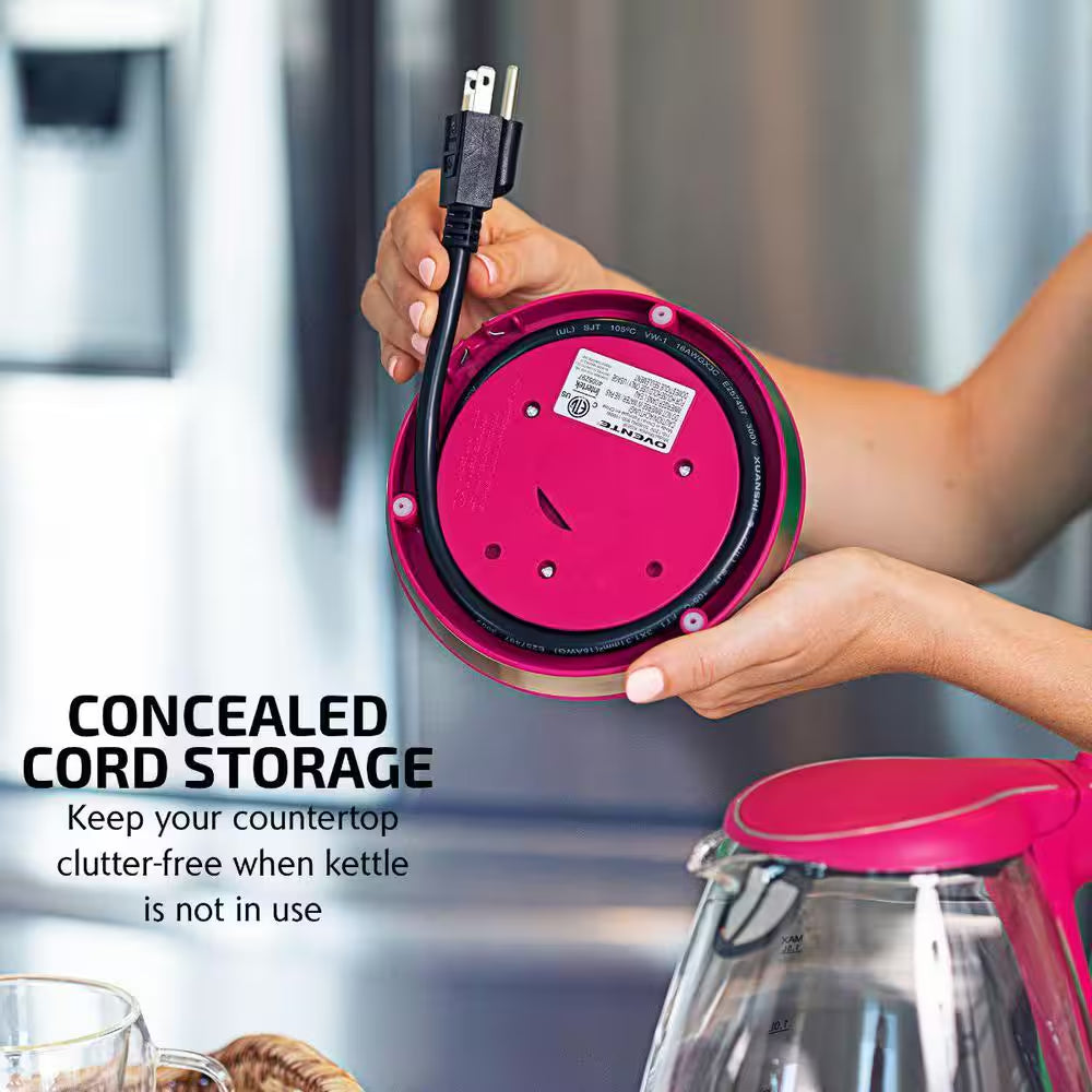 Illuminated 6.5-Cup Fuschia Electric Kettle with Filter, Fast Heating and Auto-Shut Off