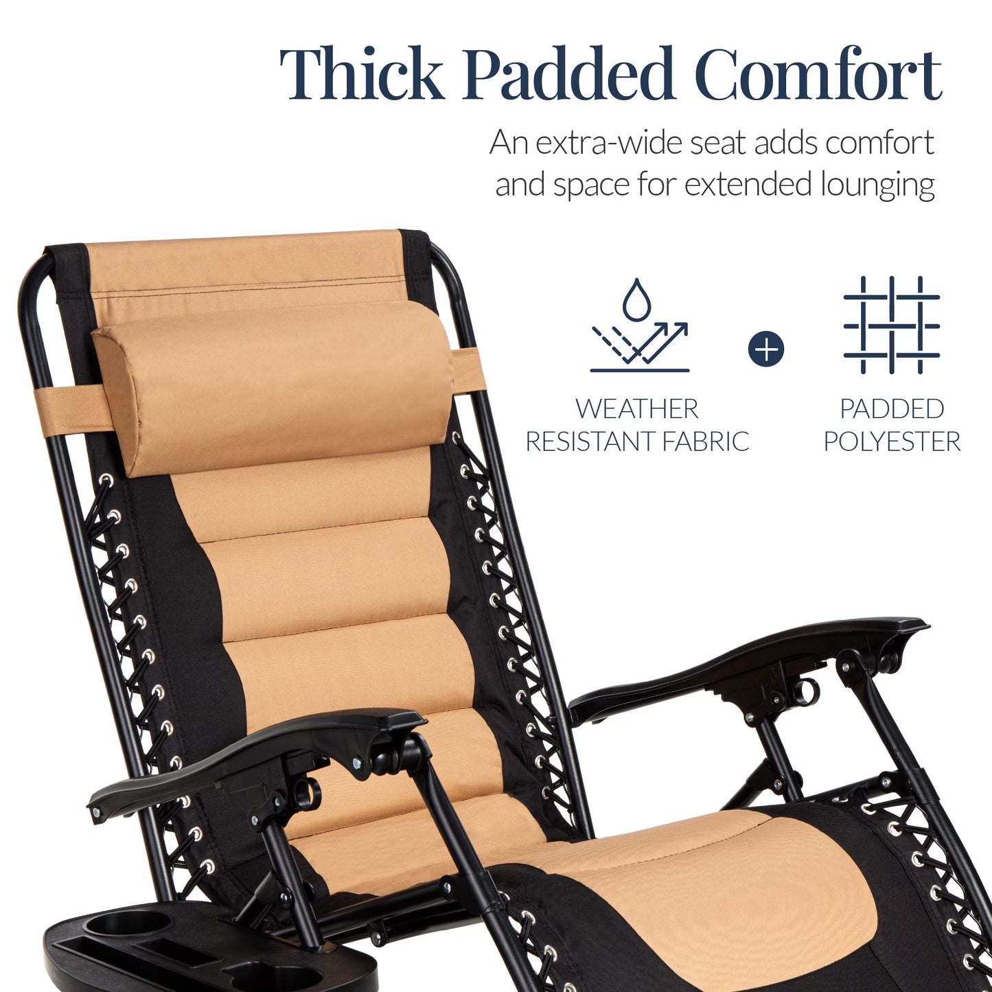 Oversized Padded Zero Gravity Chair, Folding Outdoor Patio Recliner W/ Side Tray - Tan