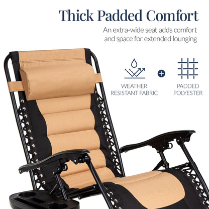 Oversized Padded Zero Gravity Chair, Folding Outdoor Patio Recliner W/ Side Tray - Tan