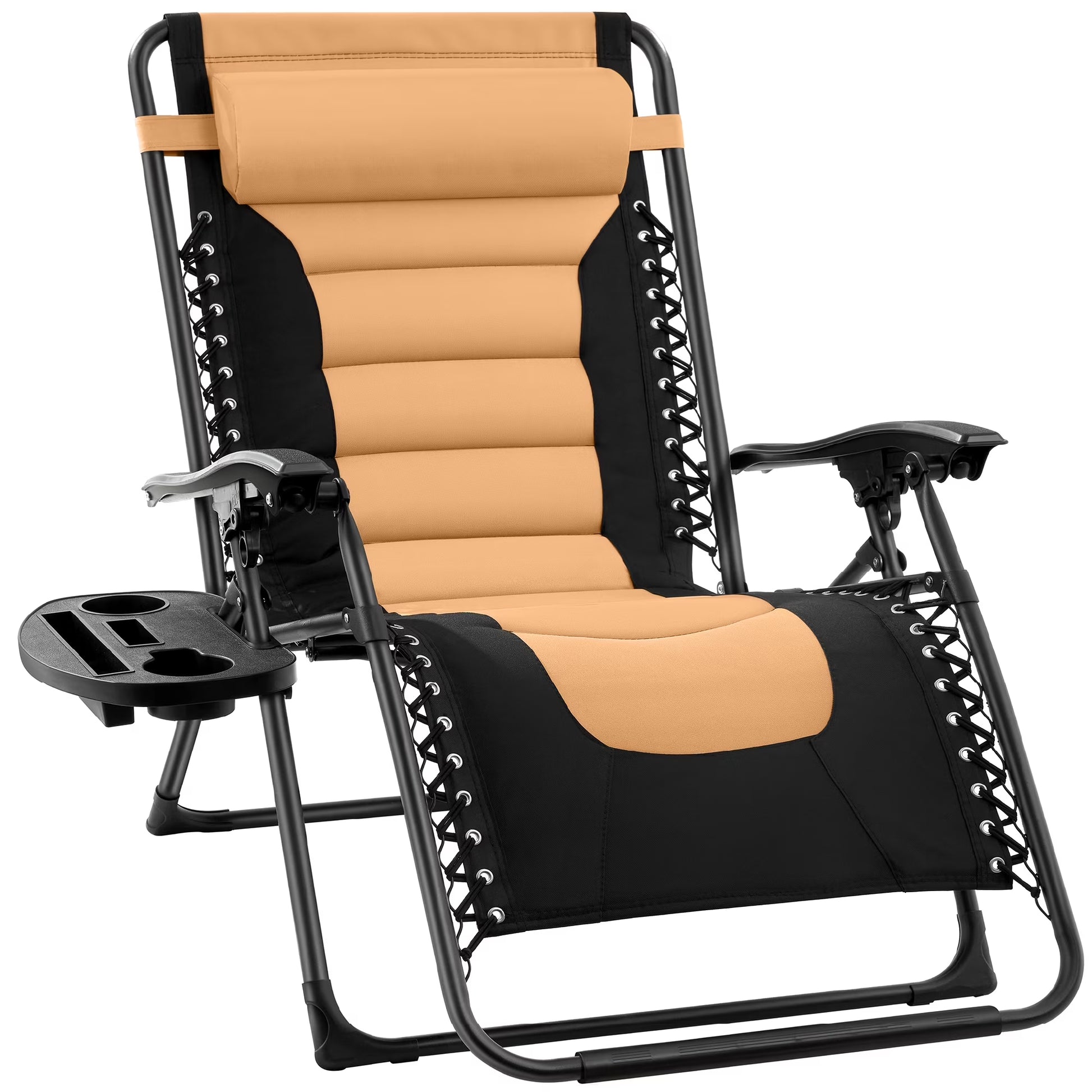 Oversized Padded Zero Gravity Chair, Folding Outdoor Patio Recliner W/ Side Tray - Tan