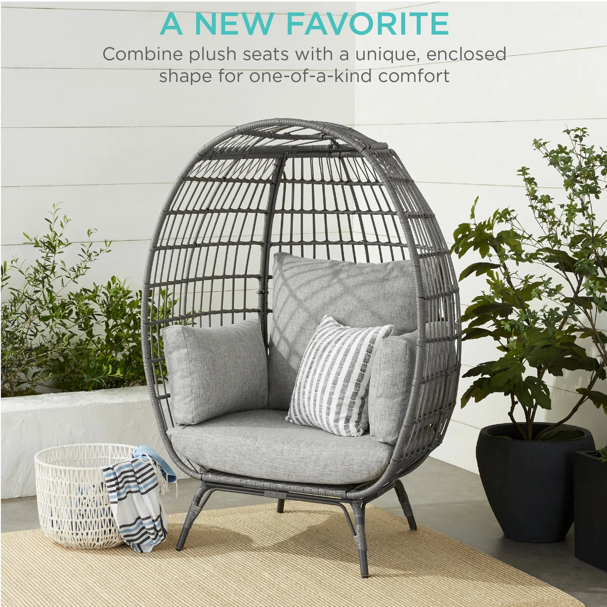 Wicker Egg Chair Oversized Indoor Outdoor Patio Lounger W/ Steel Frame - Gray/Heather Gray