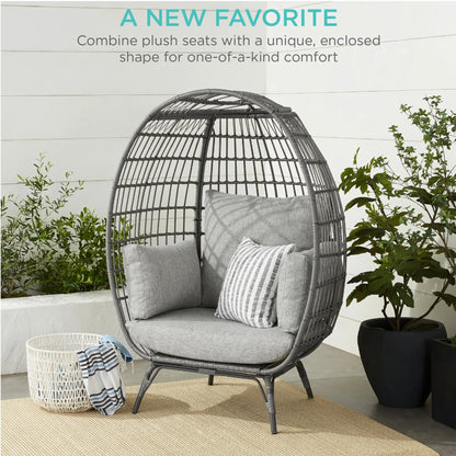 Wicker Egg Chair Oversized Indoor Outdoor Patio Lounger W/ Steel Frame - Gray/Heather Gray