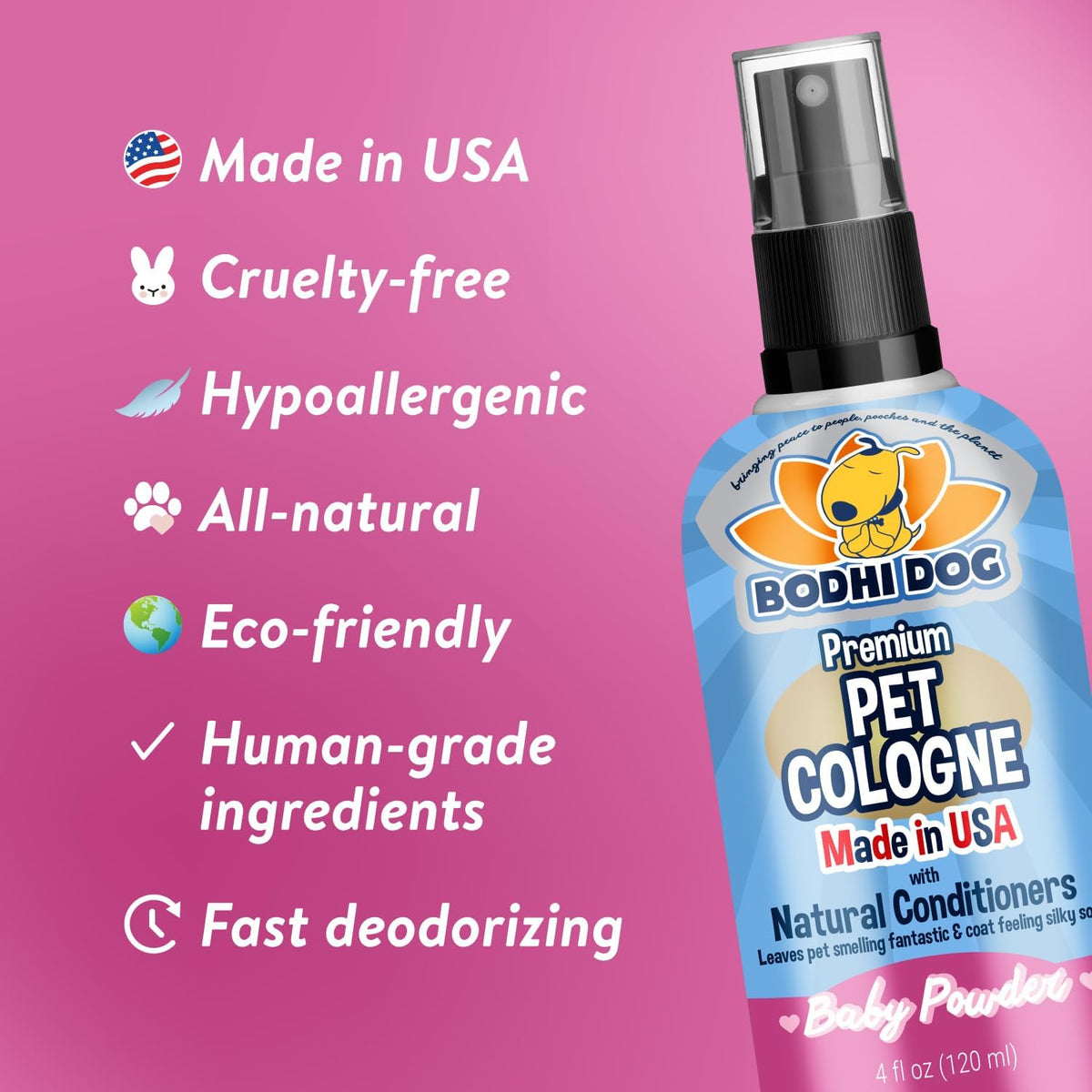 Premium Dog Cologne - Deodorizing Dog Perfume & Conditioner for Dogs & Cats - Natural Long Lasting Spray - Keeps Pets Fresh All Day - Gentle & Safe Formula, Made in USA (Baby Powder 4 Fl Oz)