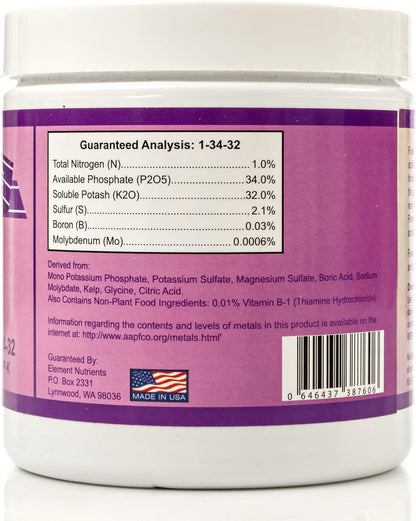 Bloom Booster and Yield Enhancer for Plants - Big, Heavy, Healthy Harvests, for Use in Soil and Hydroponics - Concentrated Phosphorus and Potassium - Flower Fuel 1-34-32, 250G