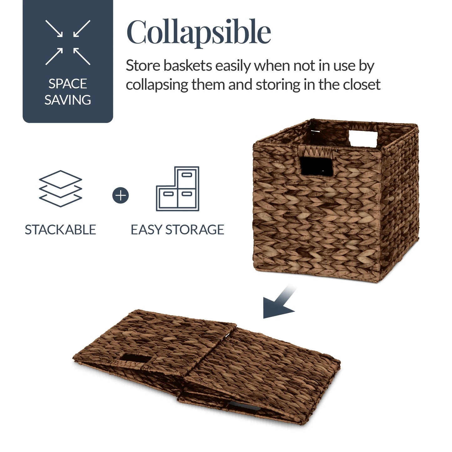 12X12In Hyacinth Baskets, Set of 5 Multipurpose Collapsible Organizers W/ Inserts - Brown