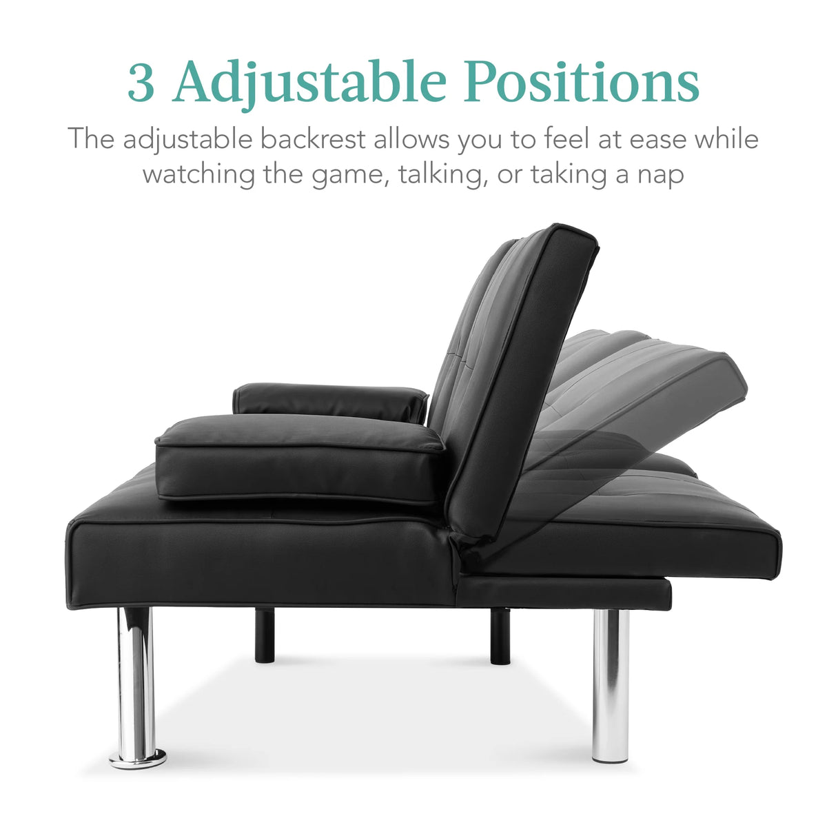Modern Faux Leather Convertible Futon Sofa W/ Removable Armrests, 2 Cupholders - Black