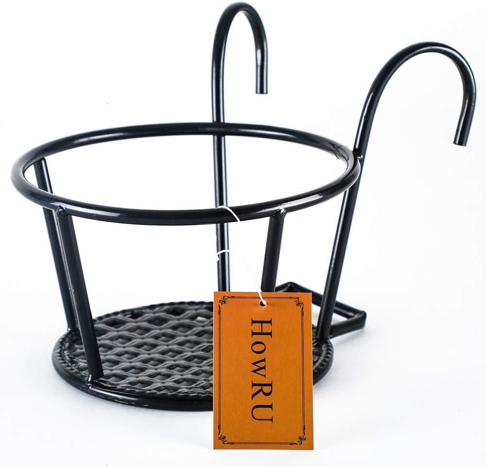 Iron Art Hanging Baskets Flower Pot Holder - over the Rail Metal Fence Planters - Pack of 3 - Black