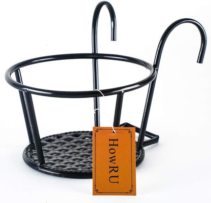 Iron Art Hanging Baskets Flower Pot Holder - over the Rail Metal Fence Planters - Pack of 3 - Black