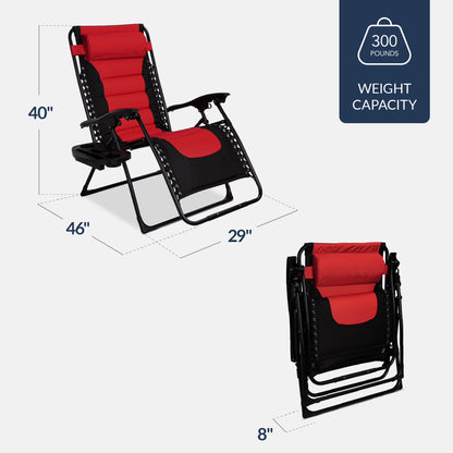 Oversized Padded Zero Gravity Chair, Folding Outdoor Patio Recliner W/ Side Tray - Red