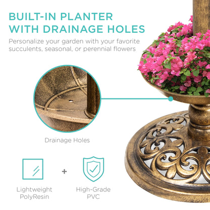 Solar Lighted Pedestal Bird Bath W/ Planter, Integrated Panel - Bronze