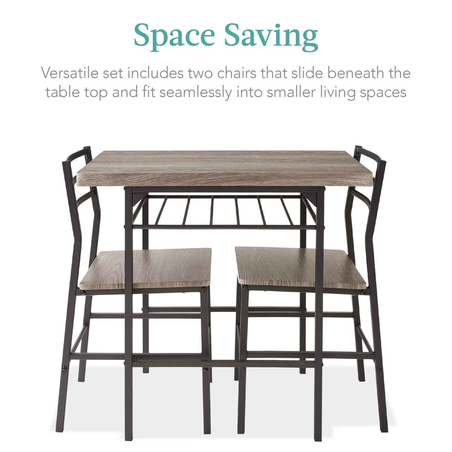 3-Piece Modern Dining Set, Square Table & Chairs Set W/ Steel Frame, Storage Rack - Gray/Black