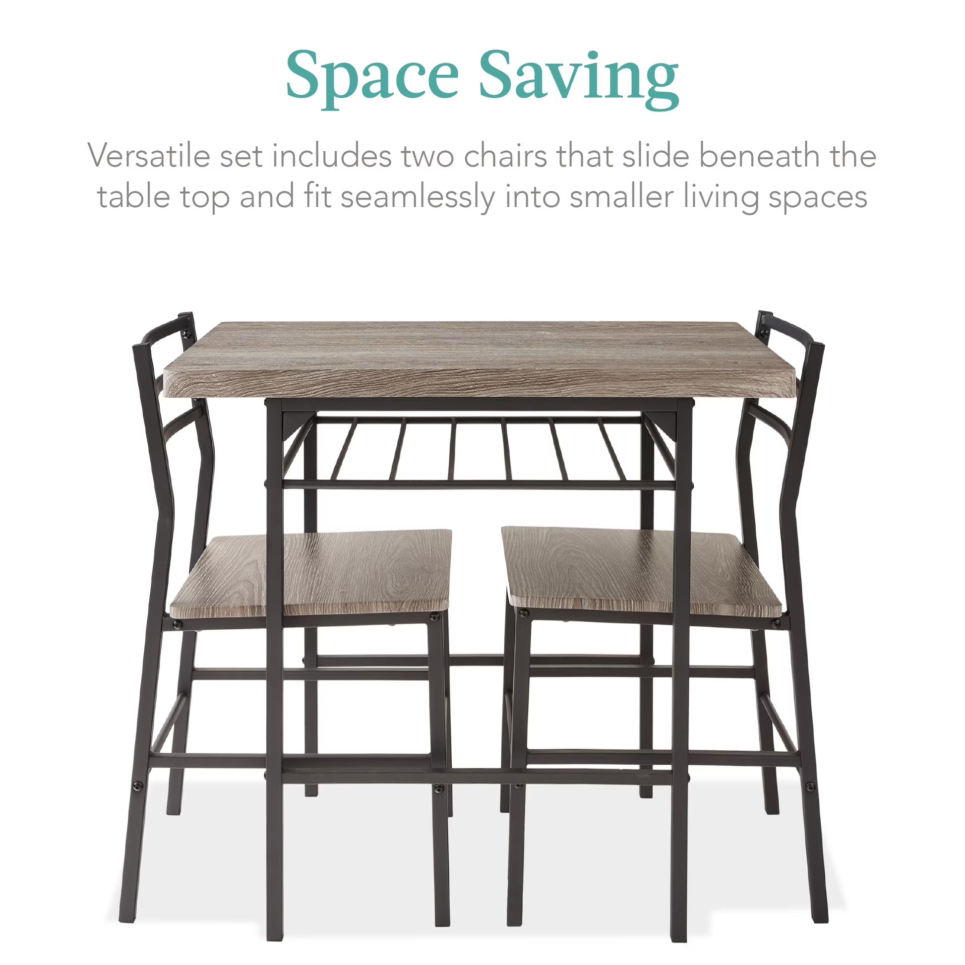 3-Piece Modern Dining Set, Square Table & Chairs Set W/ Steel Frame, Storage Rack - Gray/Black