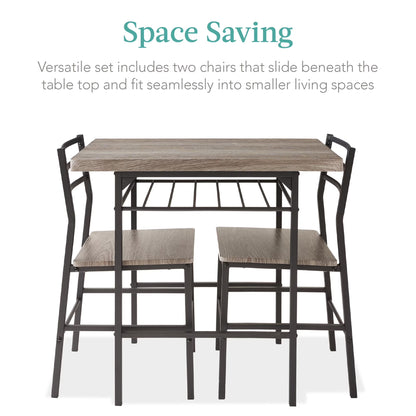 3-Piece Modern Dining Set, Square Table & Chairs Set W/ Steel Frame, Storage Rack - Gray/Black