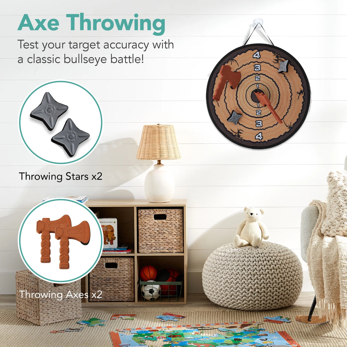 Large Double-Sided Dart Board, Sticky Ball Axe Star Throwing Game for Kids, Adults W/ Carrying Case
