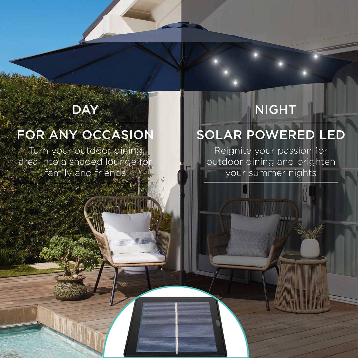 10Ft Solar LED Lighted Patio Umbrella W/ Tilt Adjustment, Uv-Resistant Fabric - Navy Blue
