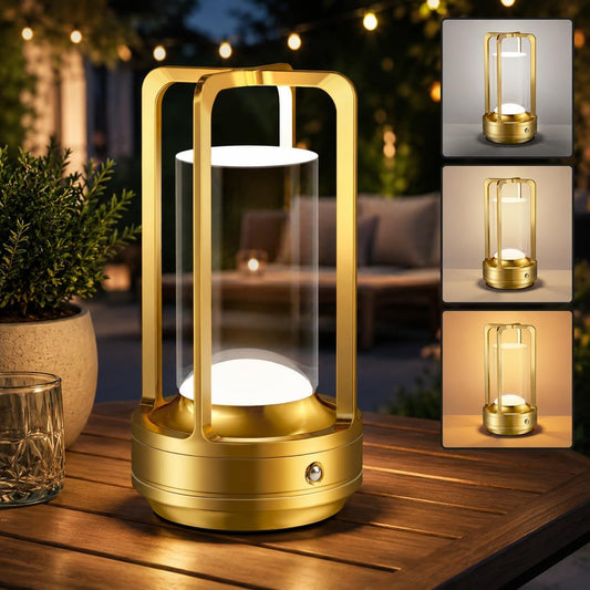 Rechargeable Table Lamp for Outdoor Indoor: Cordless Portable Table Lamps with 3 Color Stepless Dimmable - LED Metal Battery Operated Lantern - Small Table Lamp for Bedroom/Bar/Coffee Shop/Camping