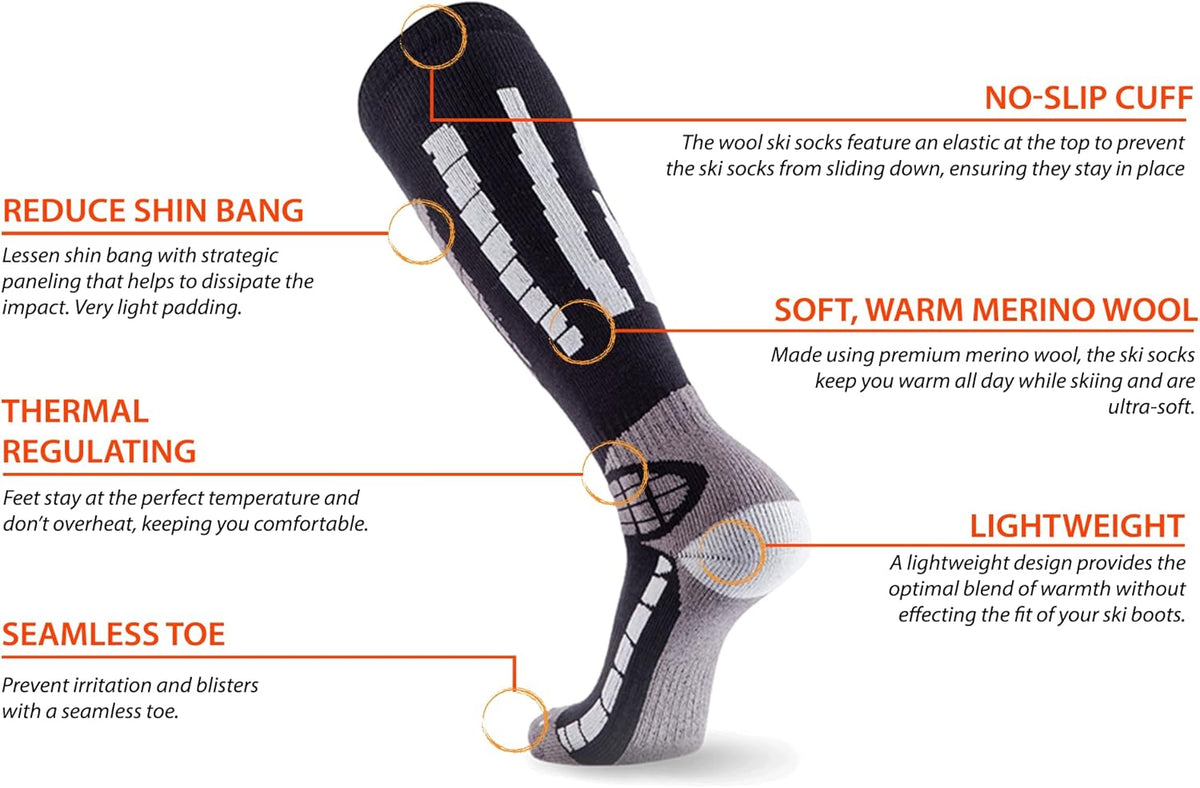 Ski Socks Warm Merino Wool - Best Lightweight Thin Ski Snowboard Sock Women Men