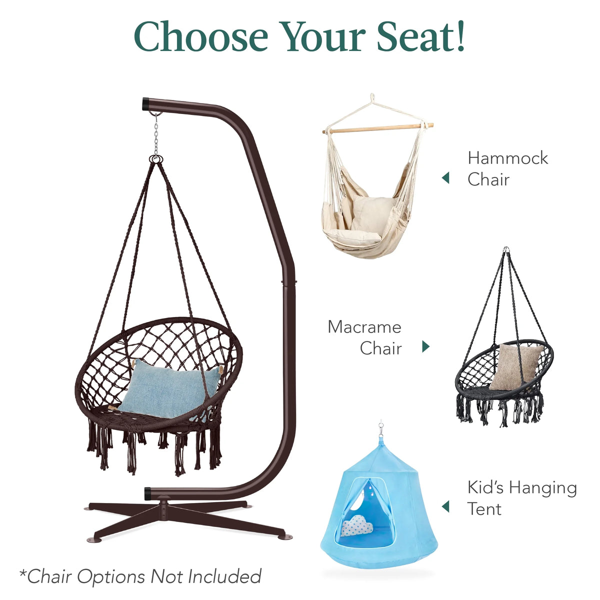 Metal Hanging Hammock C-Stand for Chair/ Weather-Resistant Finish, Offset Base - Stand Only - Brown
