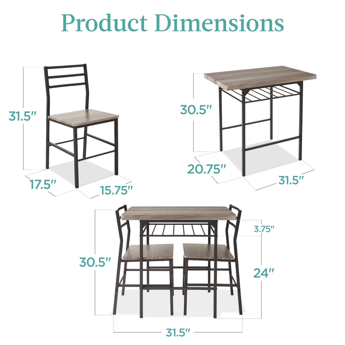 3-Piece Modern Dining Set, Square Table & Chairs Set W/ Steel Frame, Storage Rack - Gray/Black