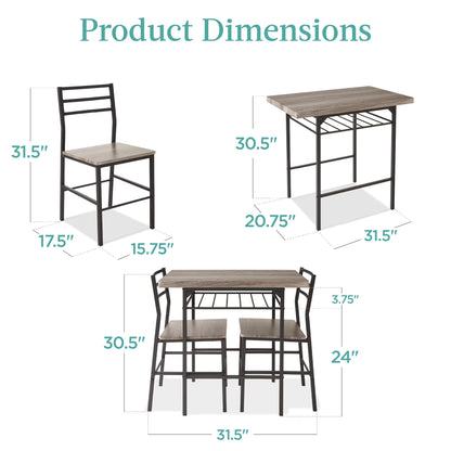 3-Piece Modern Dining Set, Square Table & Chairs Set W/ Steel Frame, Storage Rack - Gray/Black