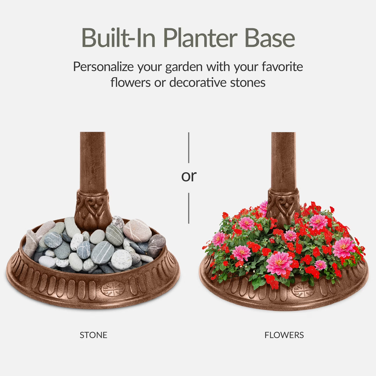 Solar Outdoor Bird Bath Pedestal Fountain Garden Decoration W/ Fillable Planter Base - Bronze