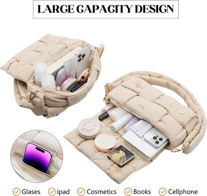 Puffer Woven Crossbody Bag Purse Handbags for Women, Quilted Hobo Carryall Bag Shoulder Bags with Adjustable Strap