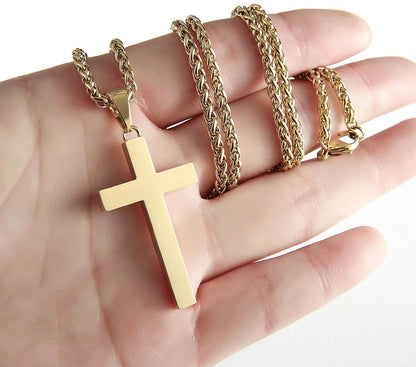 Gold Cross Necklaces for Men Boys Stainless Steel Cross Pendant Chain Catholic Religious Christian Birthday First Communion Confirmation Graduation Fathers Day Jewelry Gifts Teen Him Dad Kids