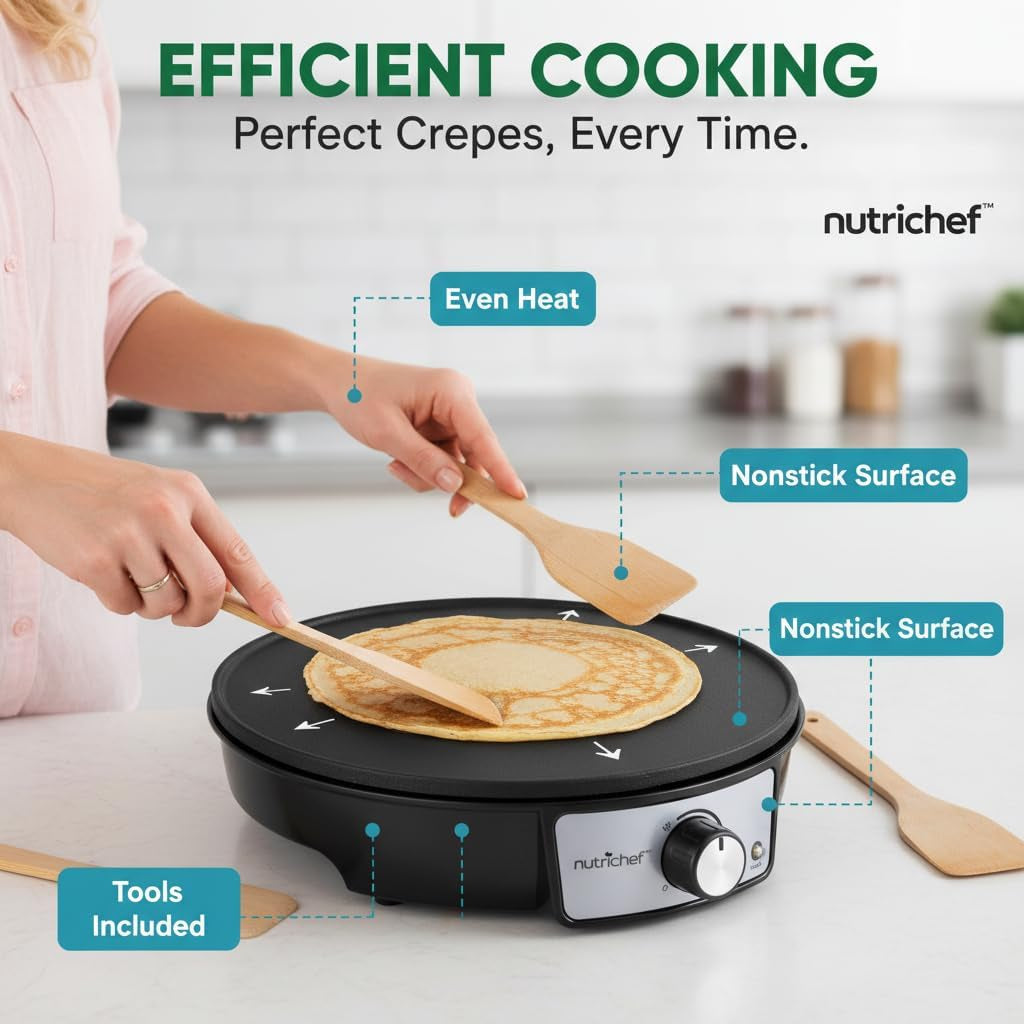 Electric Crepe Maker Pan & Griddle | 12 Inch Nonstick Cooktop | LED Indicators & Adjustable Temperature Control | Includes Spatula, Batter Spreader | Cooks Crepes, Roti & Pancakes