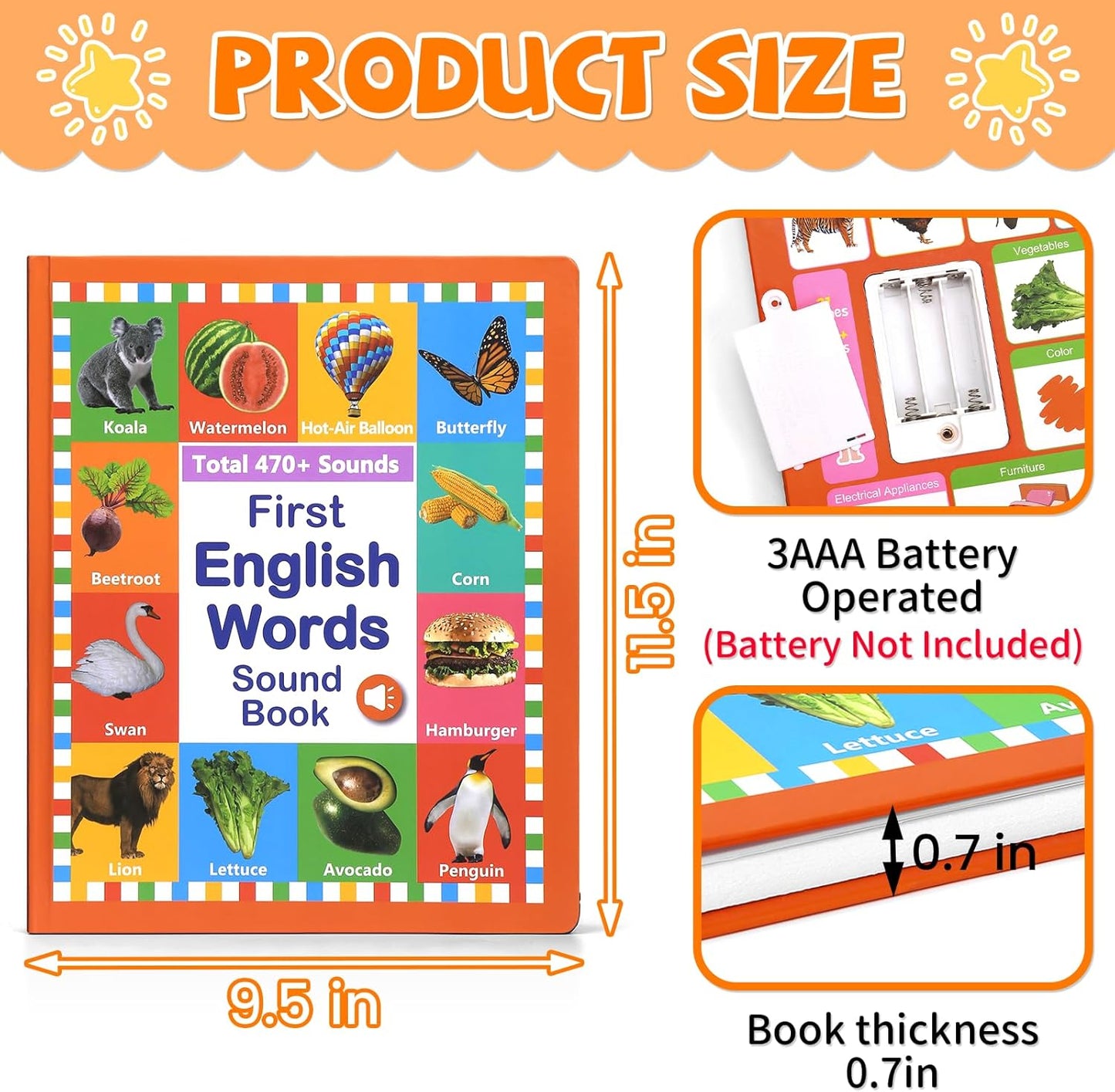 My First English Words Sound Book Toy, English Learning Talking Book, 470+ Words, 21 Themes, Press to Learn Phonics, Interactive Educational Books for 2-5 Year Olds