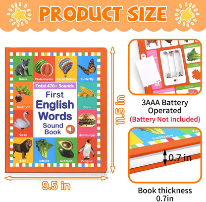 My First English Words Sound Book Toy, English Learning Talking Book, 470+ Words, 21 Themes, Press to Learn Phonics, Interactive Educational Books for 2-5 Year Olds