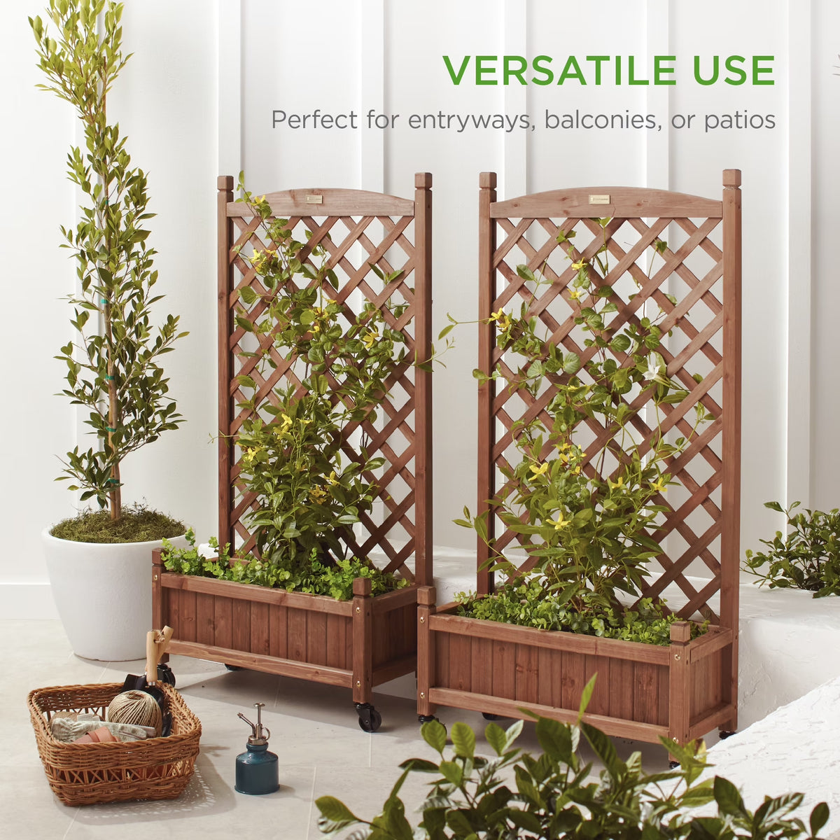 Set of 2 48In Wood Planter Box & Diamond Lattice Trellis, W/ Drainage, Optional Wheels - Walnut