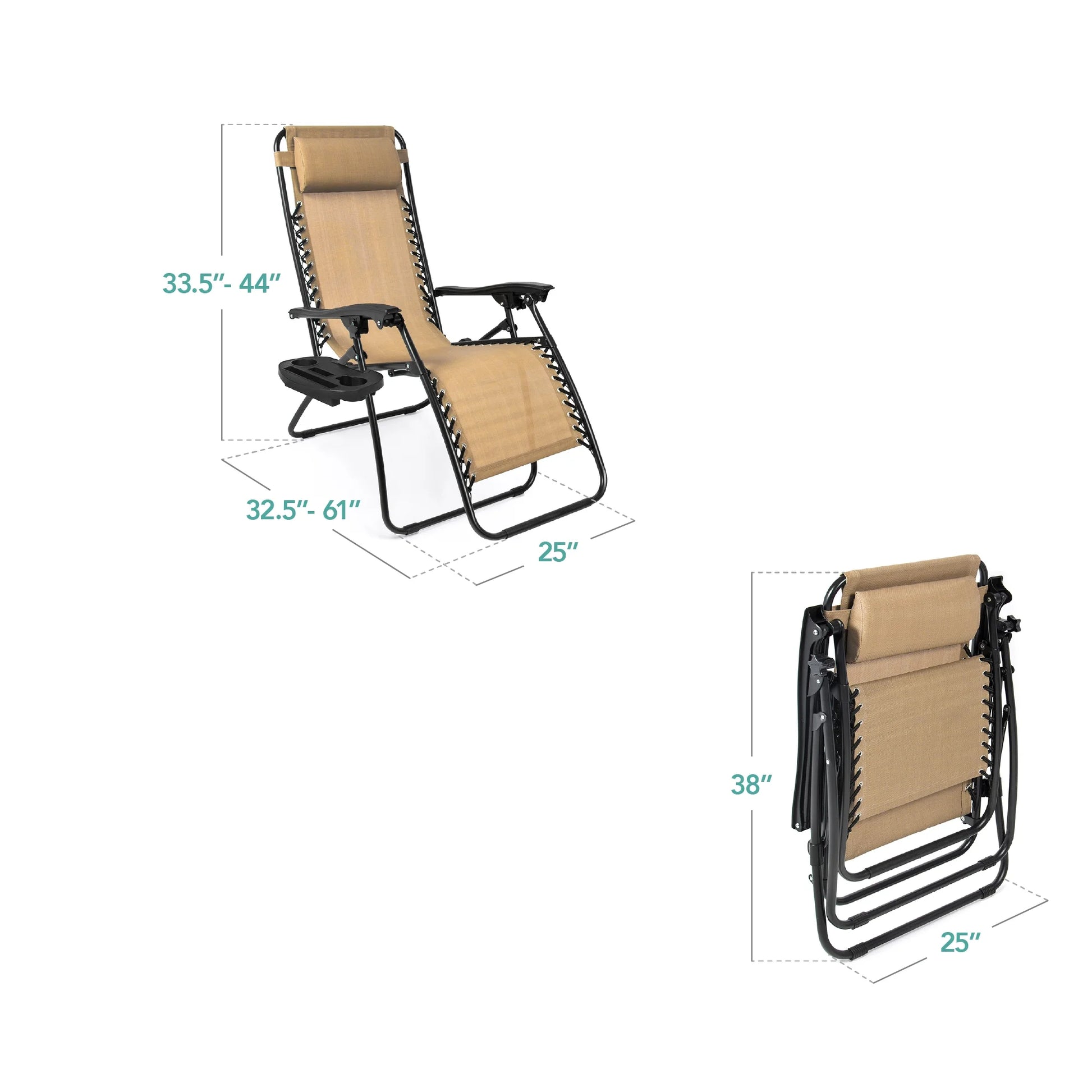 Set of 2 Zero Gravity Lounge Chair Recliners for Patio, Pool W/ Cup Holder Tray - Beige