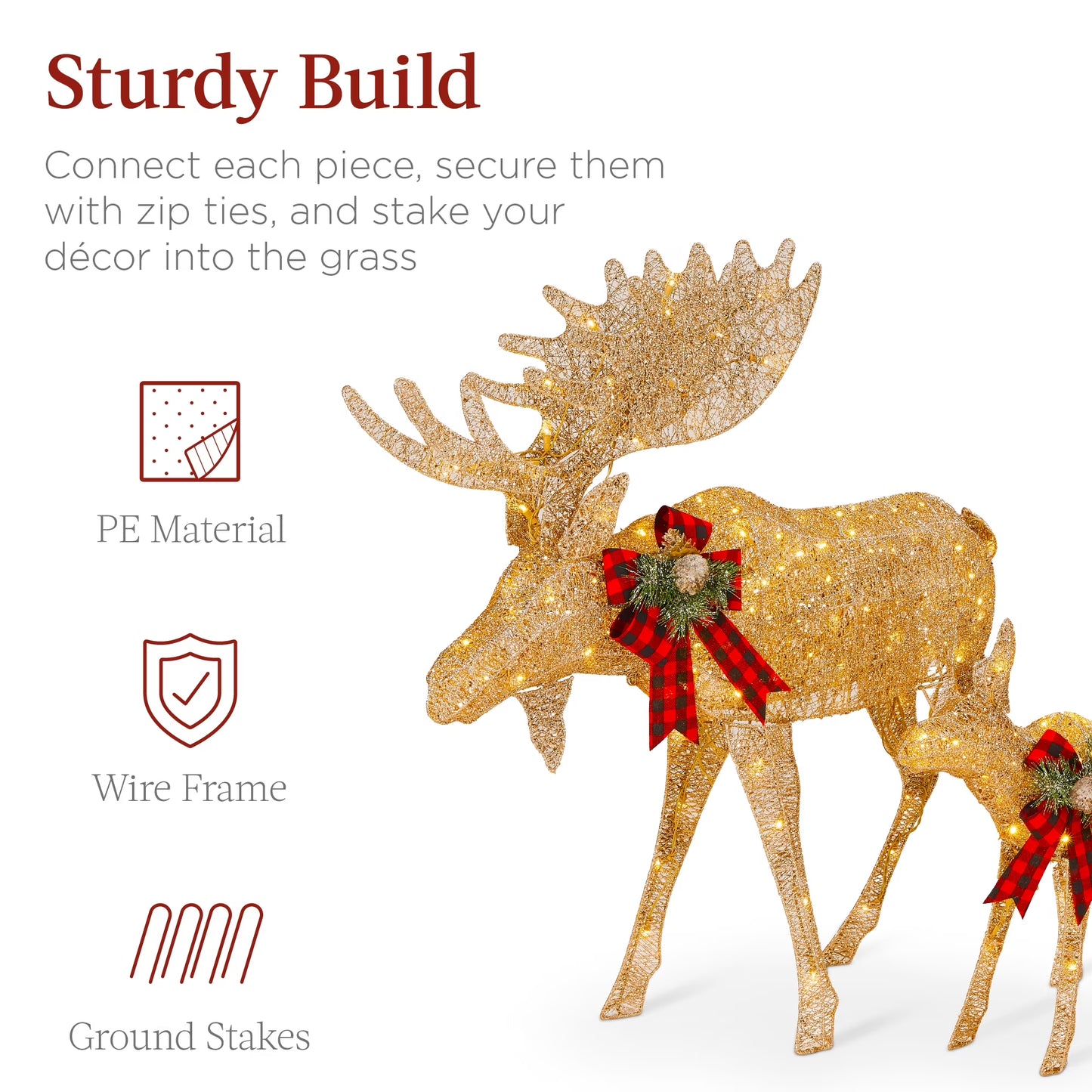 2-Piece Moose Family Lighted Christmas Yard Decor Set W/ 170 LED Lights, Stakes, Zip Ties - Gold