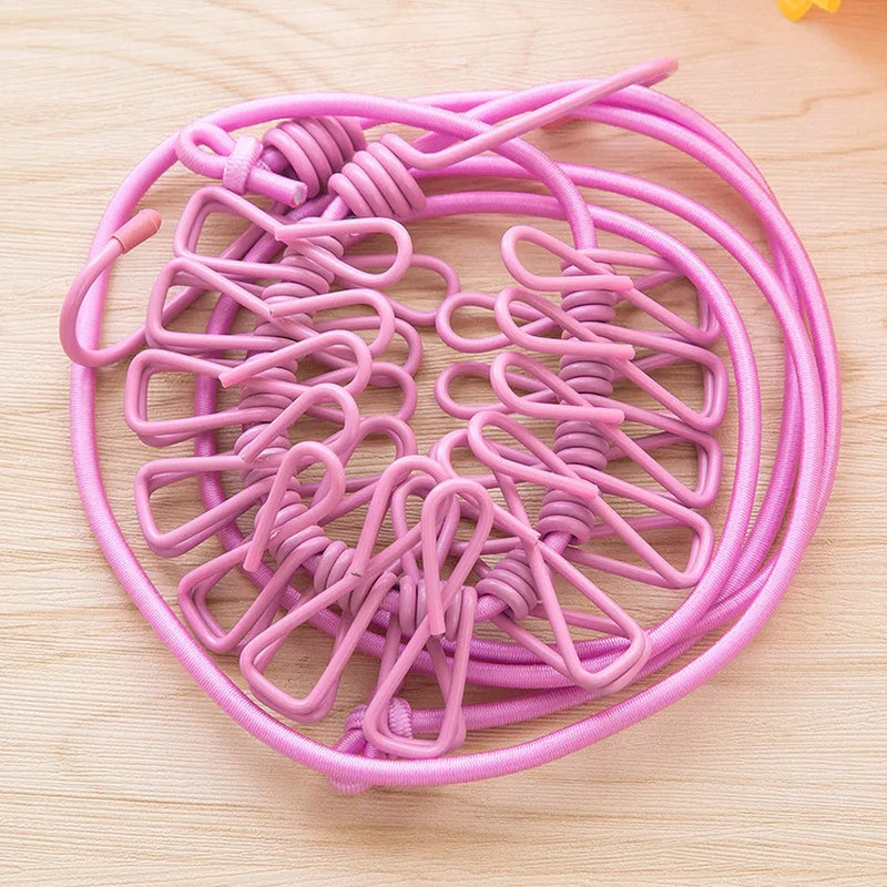1Pc Portable Clothesline with 12 Clips Polychrome Outdoor No Punching Required Travel Camp Retractable Clothes Rope Drying Rack