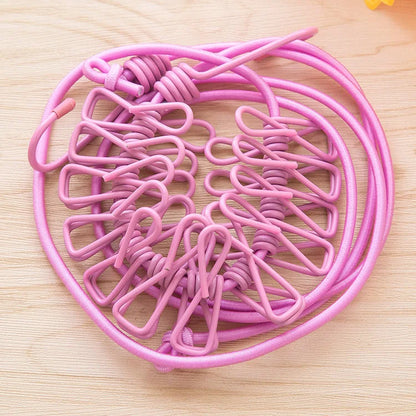 1Pc Portable Clothesline with 12 Clips Polychrome Outdoor No Punching Required Travel Camp Retractable Clothes Rope Drying Rack