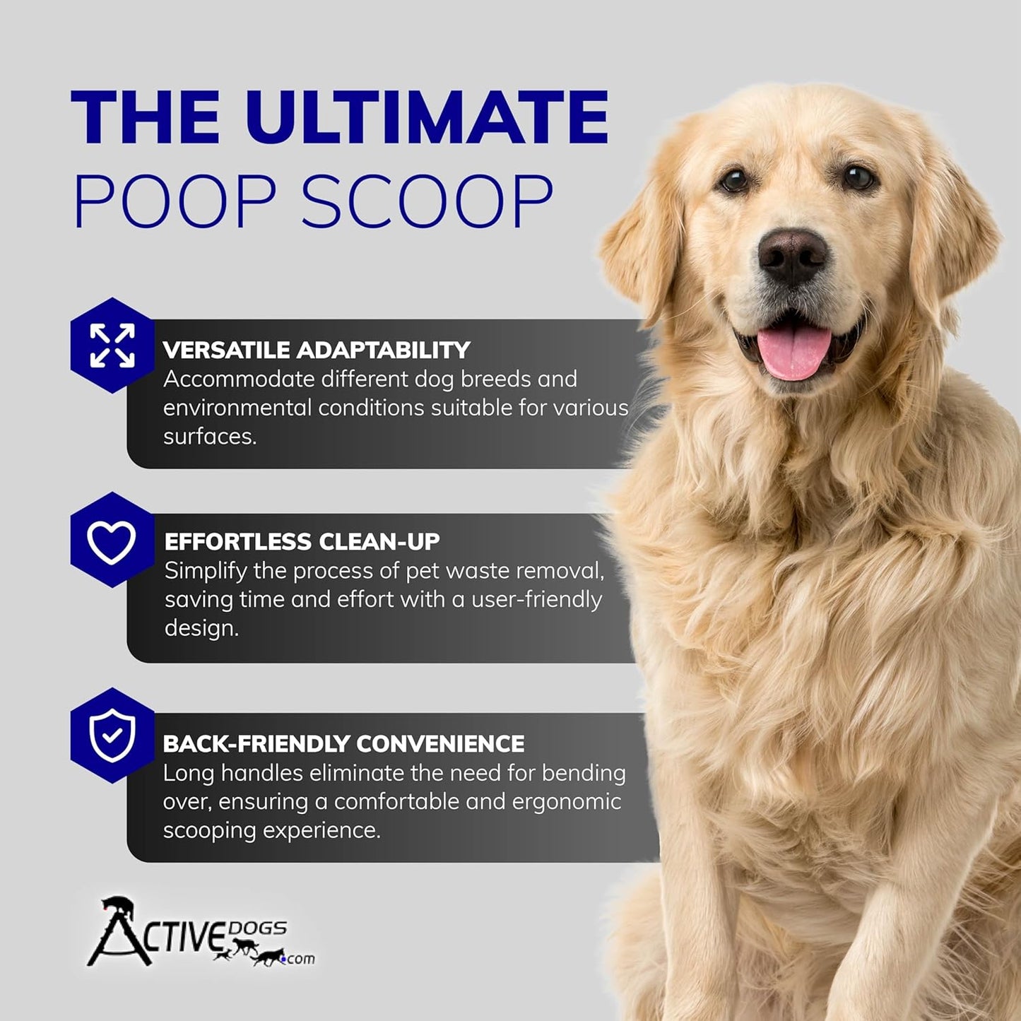 Activedogs Dog Poop Scooper Heavy Duty - Best Ever Dog Pooper Scooper with Teeth - Powder Coated Welded Aluminum Metal & Solid Bolt Pet Waste Removal Shovel, USA Made