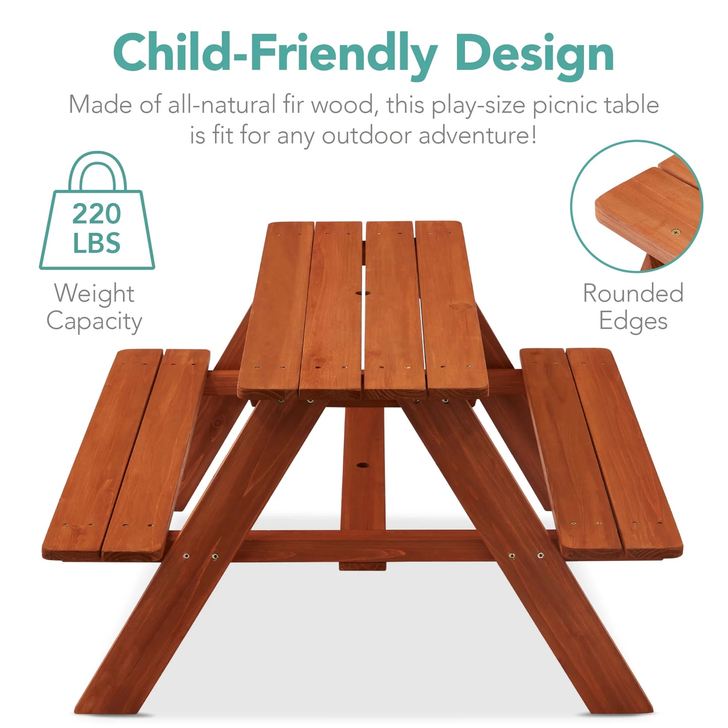 Outdoor Wooden Kids Picnic Table with Umbrella, Activity Table, 220 Lb Capacity - Golden Brown/Aqua