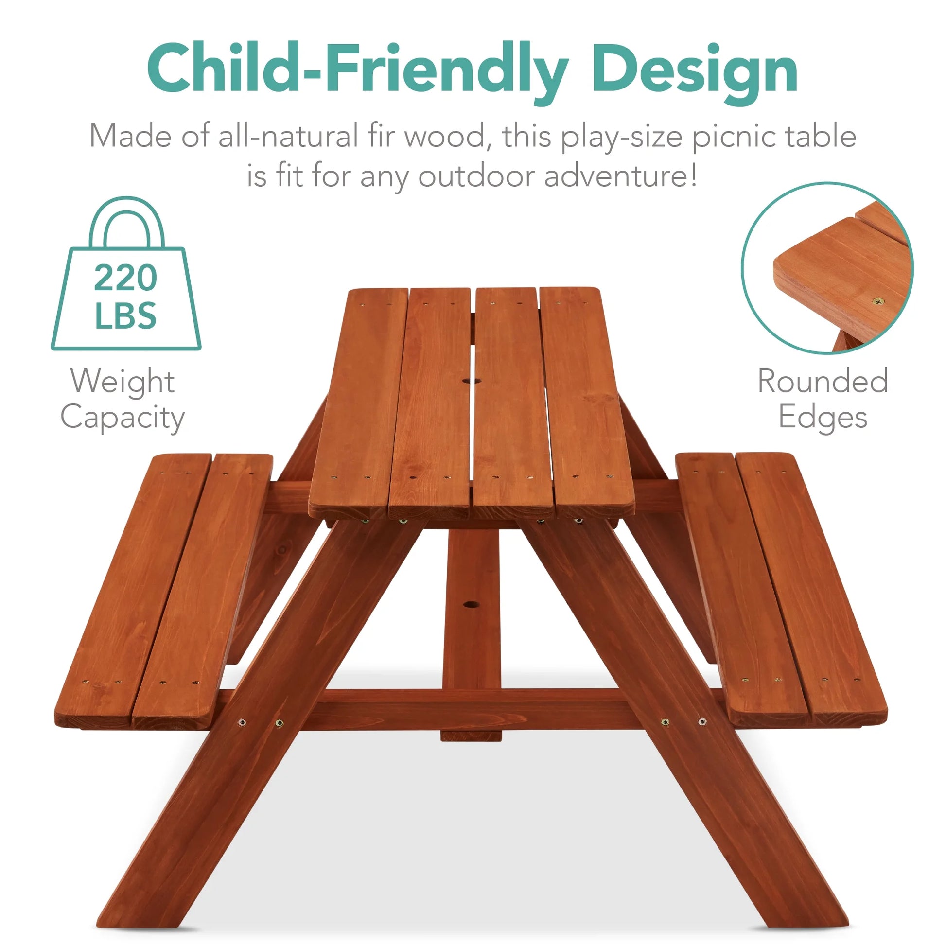 Outdoor Wooden Kids Picnic Table with Umbrella, Activity Table, 220 Lb Capacity - Golden Brown/Aqua